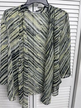 JM Collection Green and Gray Striped Open-Front Shirt Jacket